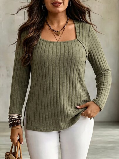Autumn/Winter Square Neck Side Slit Hem Design Fashion Casual Army Green Basic Plus Size T-Shirt