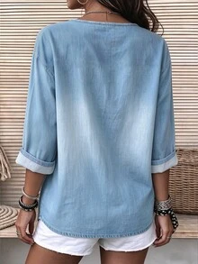 SHEIN LUNE 復古印花V領女款襯衫，裝飾鈕扣，收口3/4袖，大尺碼休閒秋季上衣 - 彩色 - 查看 2