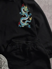 Attitoon 黑色休閒極簡印花連帽長袖寬鬆加厚女款衛衣，中式中國龍圖案，客製化，街頭酷感高端簡約機車風工裝風，時尚Y2K學院風返校校園穿搭社團服飾青年休閒風 - 黑色 - 查看 5