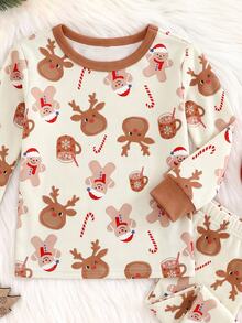 Baby Boy Classic Long Sleeve & Long Pants Snug Fit Set, Classic Christmas Element Pattern Print, Cute Christmas Deer Pattern Print, Classic Christmas Candy Pattern Print, Classic Christmas Gingerbread Man Pattern Print, Christmas Snowman Pattern Print, Suitable For Autumn/Winter, Suitable For Christmas - Multicolor - View 5
