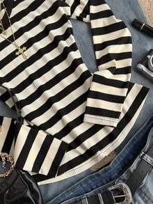 Attitoon Women's Casual (Spring/Autumn) Striped Plus Size V-Neck T-Shirt - Black and White - View 4