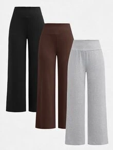 SHEIN 青少年女孩秋冬針織黑色、深灰色、淺灰色高腰寬腰帶修身直筒寬腿長褲，百搭簡約舒適街頭風3件套 - 彩色 - 查看 3