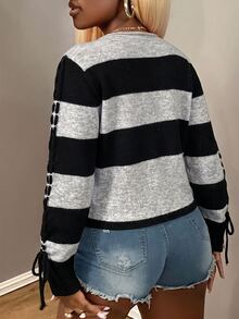BamGleam Women's Elegant Black & Gray Striped Drawstring Crew Neck Long Sleeve Pullover Sweater - Multicolor - View 2