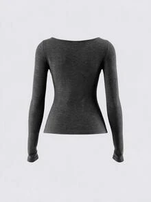 SHEIN BASICS تي شيرت نسائي كاجوال بسيط بأكمام طويلة للارتداء اليومي - رمادي غامق - مشاهدة 4
