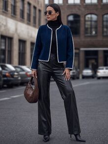 Selianne Women's New Fashion White Contrast Color Casual Jacket, Autumn/Winter New Style, Versatile - Navy Blue - View 3