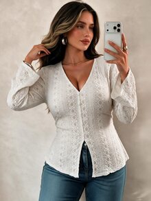 Easura Curvy French Style V Neck Long Flare Sleeve Lace Blouse, Fitted Casual Shirt Fall - Apricot - View 2