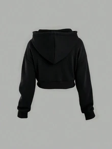 Elenzga Plus Size Women Solid Black Zip Up Cropped Sweatshirt Drop Shoulder Ribbed Hem Long Sleeve Casual Formal Vacation Streetwear Fall Jacket - Black - View 2