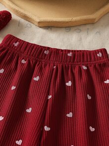 SHEIN Young Girl 紅色羅紋高領兩件套 2pcs 套裝 高領長袖不對稱上衣配紅色人造毛領袖口，搭配羅紋喇叭褲 - 酒紅色 - 查看 7