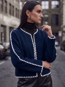 Selianne Women's New Fashion White Contrast Color Casual Jacket, Autumn/Winter New Style, Versatile - Navy Blue - View 8