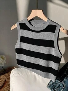 Comfortcana 女款休閒極簡風棕色與粉色條紋短版針織上衣 - 彩色 - 查看 3