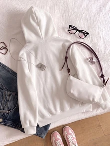 SHEIN Sparklyn 青少年女孩可愛臘腸狗刺繡連帽套頭衛衣 淡黃色學院風日系可愛條紋內裡口袋寬鬆秋冬休閒上衣 - 白色 - 查看 2