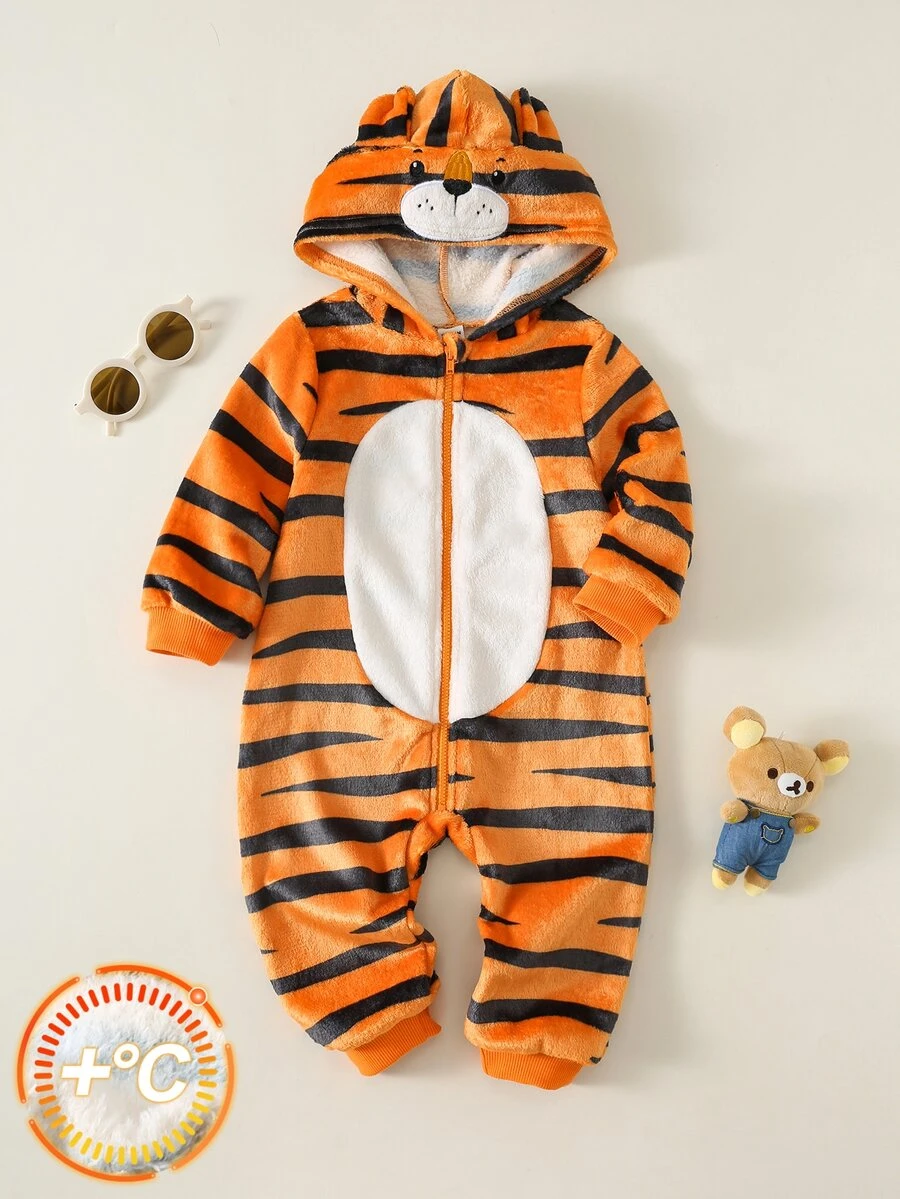 Baby Boy Cartoon Tiger Design Hooded Long Sleeve Jumpsuit - Multicolor - View 1