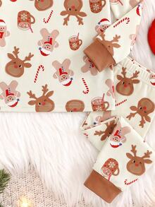 Baby Boy Classic Long Sleeve & Long Pants Snug Fit Set, Classic Christmas Element Pattern Print, Cute Christmas Deer Pattern Print, Classic Christmas Candy Pattern Print, Classic Christmas Gingerbread Man Pattern Print, Christmas Snowman Pattern Print, Suitable For Autumn/Winter, Suitable For Christmas - Multicolor - View 4