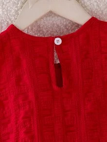 SHEIN Elladie kids 女童春秋款無袖A字公主洋裝，對比色大蝴蝶結裝飾，紋理荷葉邊下擺，圓領後扣設計，優雅紅色，適合派對穿著與日常休閒穿著 - 紅色 - 查看 3