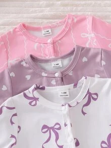 SHEIN 新生兒極簡時尚甜美可愛愛心圖案 3 件套長袖長版連身褲居家服 - 彩色 - 查看 8