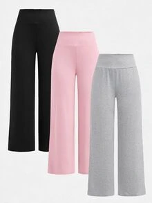 SHEIN 青少年女孩秋冬針織黑色、深灰色、淺灰色高腰寬腰帶修身直筒寬腿長褲 百搭簡約舒適街頭風 3件組 - 彩色 - 查看 3