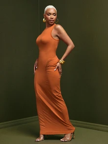 Vixey Gathered Drop Waist Jersey Dress, Event Dressing, Going Out Outfit, Holiday - Brown - View 5