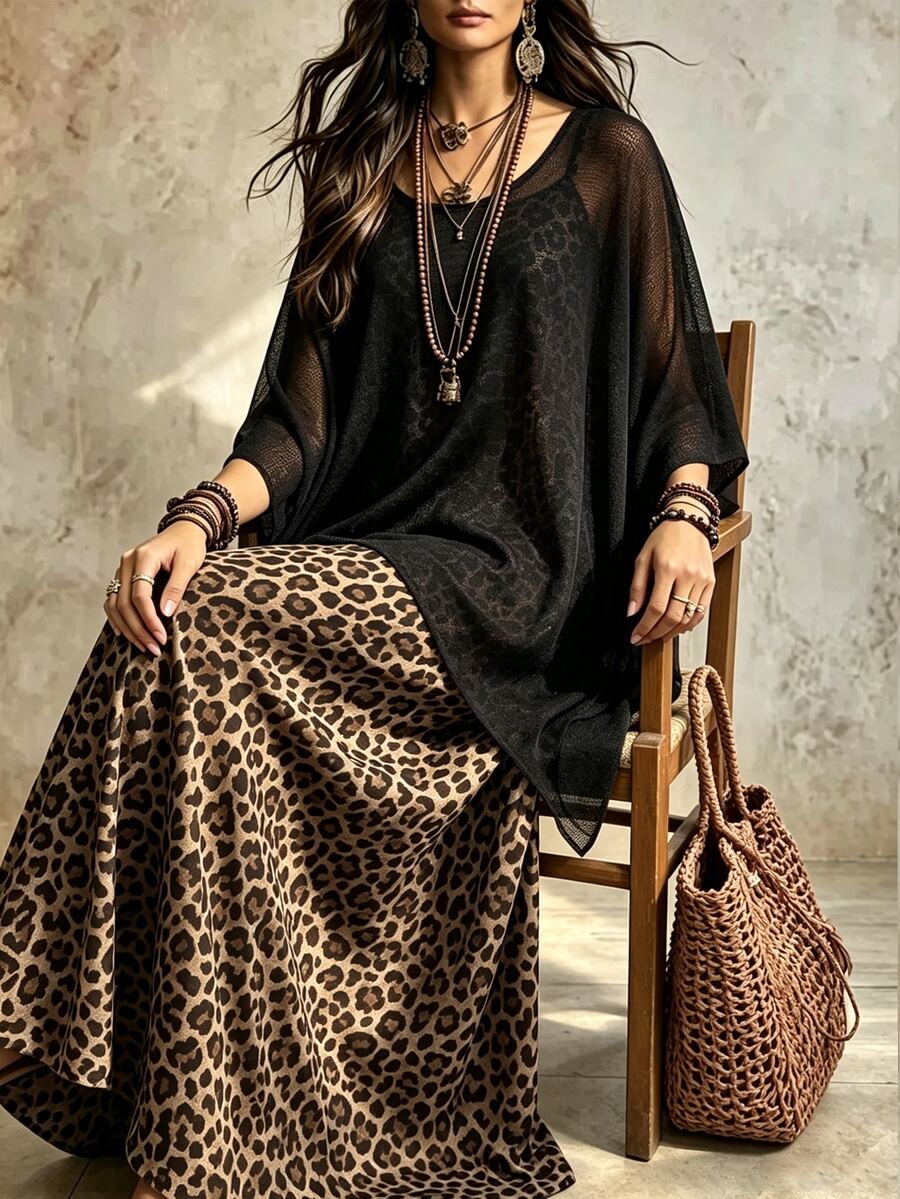 Linhara CURVE Plus Size Sexy Leopard Print Cami Dress With Asymmetrical Hem Top 2 Pieces Set - Black - View 1