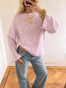 SHEIN EZwear 海外長袖水洗粉色豹紋上衣，秋季襯衫，適合日常通勤、聚會、秋冬/夏季、聖誕節、新年、感恩節、派對、婚禮、海灘、畢業典禮、優雅、外出、約會、通勤、情人節、優雅、度假、Y2K、畢業典禮等場合 - 彩色 - 查看 3