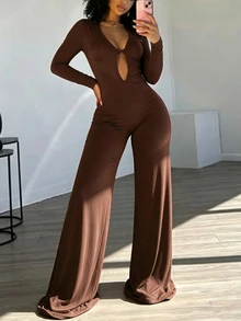 INAWLY Solva Solid Color Hollow Out Wide Leg Long Sleeve Jumpsuit - Coffee Brown - View 2