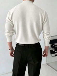 Manfinity Homme 男士極簡百搭羅紋長袖針織衫 日常穿著 老錢風情侶套裝 - 米色 - 查看 2