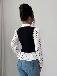 SHEIN Elenzya 女款白色波點羅紋面料翻領V領收腰修身剪裁拼接高級優雅教師風開學派對度假聖誕前夕聖誕節萬聖前夕感恩節聖誕嘉年華排燈節氛圍裝秋季襯衫秋季上衣秋季服飾新款必備時尚單品小眾設計百搭長袖拼接襯衫上衣 - 黑與白 - 查看 2