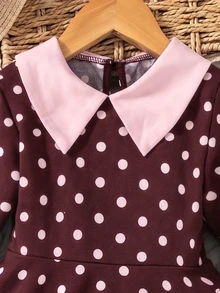 SHEIN Elladie kids 女童秋冬波點印花對比色彼得潘領長袖A字洋裝 - 彩色 - 查看 6