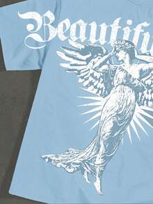 StoneGrade Arc Gothic Font Classical Plaster Angel Fashion Print Men's Standard Size Dropped Shoulder Loose Fit Short Sleeve T-Shirt - Multicolor - View 3