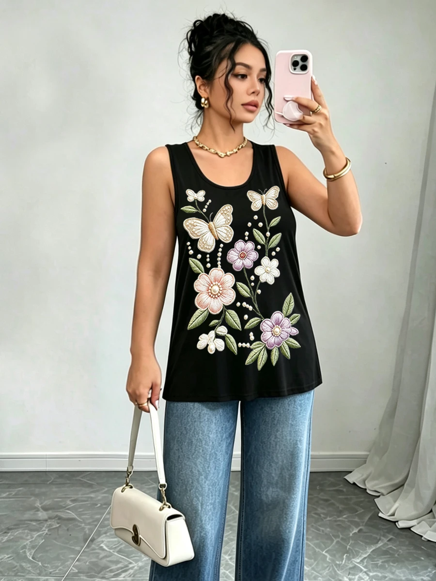 Elenzga Plus-Size Women's Sleeveless, Round-Neck Tank Top Featuring A Floral Print-Perfect For Versatile, Ca - Black - View 1