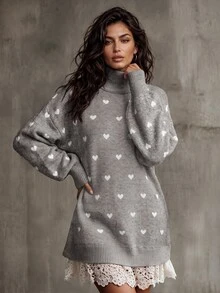 LUMIGAL Women's Half-High Neck All-Over Heart Print Ribbed Cuff Petal Sleeve Patchwork Hollow Lace Hem Sweater - Multicolor - View 3