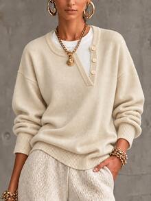 SHEIN Clasi Women's Asymmetric Button Design Round Neck Knit Sweater, Loose Fit Drop Shoulder Long Sleeve 2 In 1 Pullover Top - Apricot - View 3