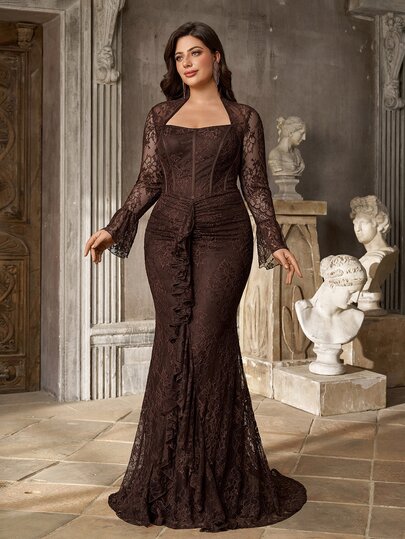 Aureia Plus Size Elegant Romantic Luxurious Coffee Lace Asymmetrical Collar Flared Sleeve Asymmetrical Ruffle Overlay Fitted Mermaid Hem Evening Gown For Party Date Ball Vacation Wedding Event