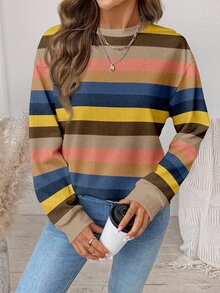 SHEIN LUNE 女款條紋拼色休閒日常長袖衛衣 - 白色 - 查看 6