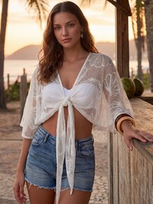 CAJUNI Women's Shell Pattern Hollow Out Casual Vacation Cover-Up Blouse Summer Resort - White - View 6