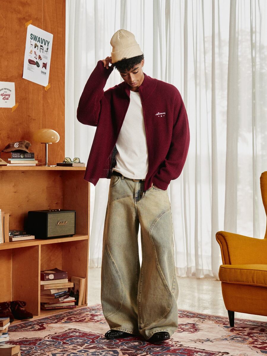 SWAVVY Men's Streetwear Embroidered Zipper Pocket Knit Cardigan - Burgundy - View 1