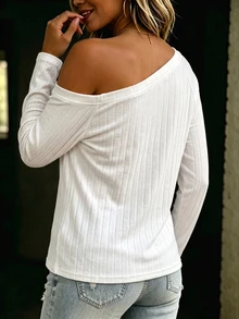 SHEIN LUNE Women's Autumn/Winter New Best-Selling Asymmetrical Shoulder Design Traceable Cotton Soft Ribbed Knit Casual Versatile T-Shirt - White - View 2
