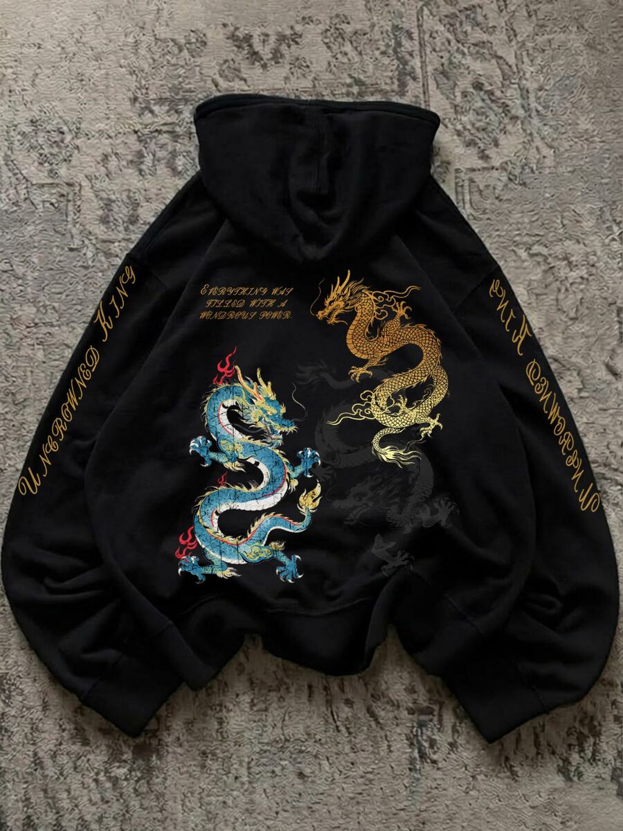 Attitoon 黑色休閒極簡印花連帽長袖寬鬆加厚女款衛衣,中式中國龍圖案,客製化,街頭酷感高端簡約機車風工裝風,時尚Y2K學院風返校校園穿搭社團服飾青年休閒風 - 黑色 - 查看 1