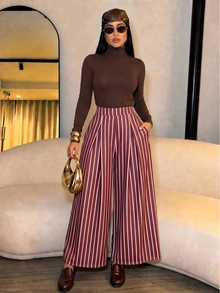 SOLERSUN Women's Brown Striped Wide Leg Pants High Waist Pleated Front With Pockets Elegant Commute Daily - Brown - View 3