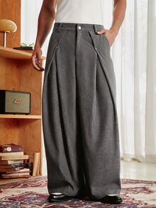 SWAVVY Men's Button Pleated Pocket Loose Pants - Dark Grey - View 5