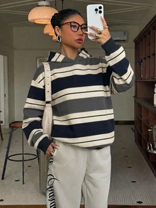 Muchica 女款休閒寬鬆連帽衛衣，美式復古條紋，女款秋冬服飾 - 彩色 - 查看 4