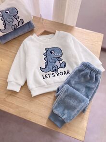 SHEIN Playful Pals 2件組男嬰幼兒運動衫慢跑褲套裝，可愛甜美藍白恐龍咆哮毛絨圖案，長袖圓領絨毛款，適合戶外冬季穿著 - 藍色 - 查看 3