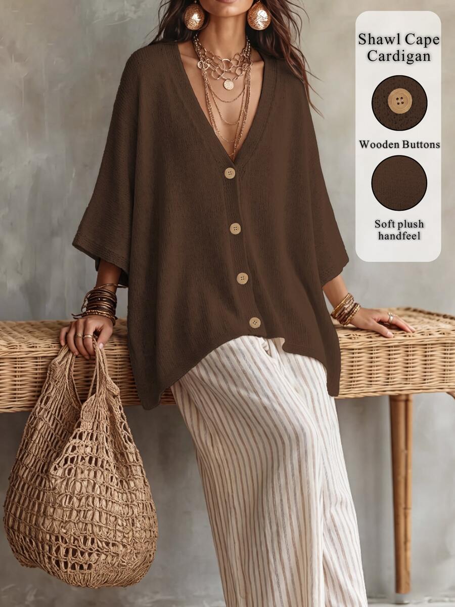 Linhara CURVE Plus Size Women Solid Color Knit Shawl Cardigan V-Neck Metal Button Suitable For Daily Casual Office Vacation Plus Size Women Cardigan - Coffee Brown - View 1