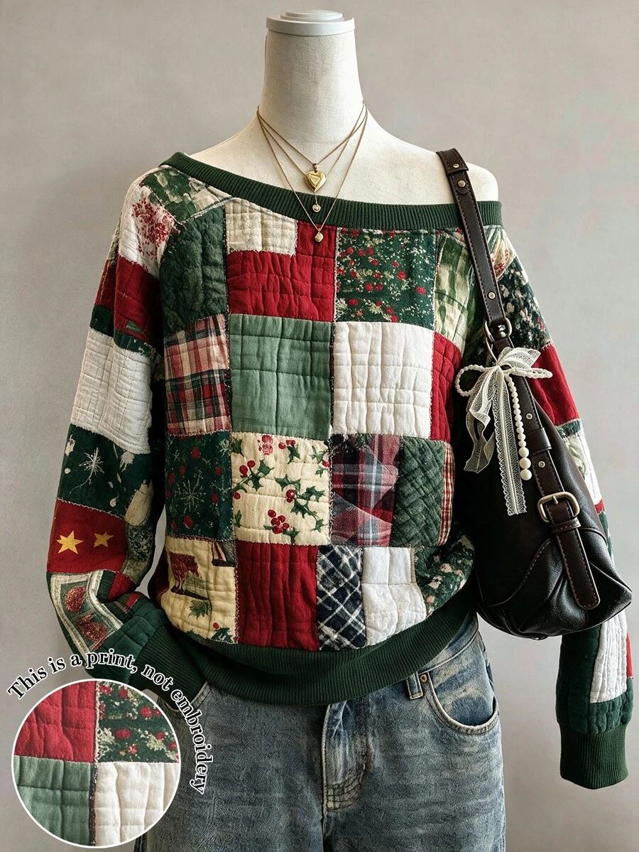 Collagica Collagica 條紋數位印花時尚極簡女款大領口長袖運動衫,送友禮物 - 彩色 - 查看 1