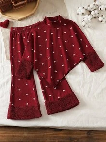 SHEIN Young Girl 紅色羅紋高領兩件套 2pcs 套裝 高領長袖不對稱上衣配紅色人造毛領袖口，搭配羅紋喇叭褲 - 酒紅色 - 查看 6