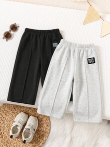 SHEIN 2件裝嬰兒男童女童灰色黑色秋冬加厚抓絨寬鬆寬腿褲，對比色腰部抽繩，百搭韓風，適合上學與外出 - 彩色 - 查看 7