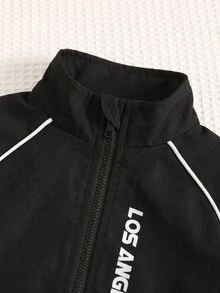 SHEIN 男嬰加厚工裝風黑色立領夾克長袖運動衫與黑色慢跑褲套裝，舒適百搭休閒時尚日常運動簡約百搭風，適合秋冬室內、戶外滑雪、日常、運動、派對、攝影 - 黑色 - 查看 4