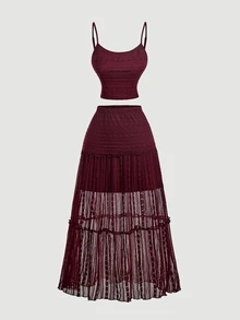SHEIN MOD Setelan Kasual 2 Potong Atasan Camisole dan Rok Warna Polos untuk Wanita - Burgundy - View 2