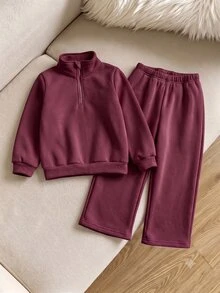 SHEIN Playful Pals 女嬰純色半拉鍊立領運動衫與寬腿運動長褲 2 件套，休閒秋冬運動套裝 - 彩色 - 查看 5