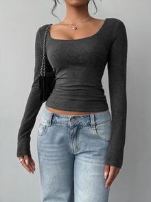 SHEIN BASICS تي شيرت نسائي كاجوال بسيط بأكمام طويلة للارتداء اليومي - رمادي غامق - مشاهدة 5