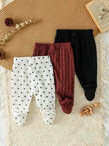 SHEIN 3件組新生女嬰秋冬新款褲裝套裝，黑色、酒紅、白色心形圖案可選，柔軟舒適面料，可愛休閒風，適合0-9個月寶寶日常穿著或戶外活動 - 彩色 - 查看 3